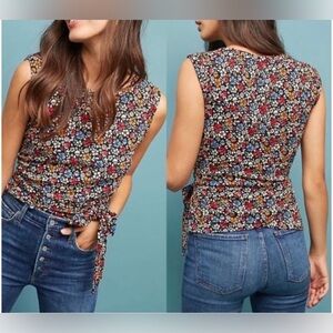 Maeve By Anthropologie Cap Sleeve  Multi Color Blossom Tie-Side Top L